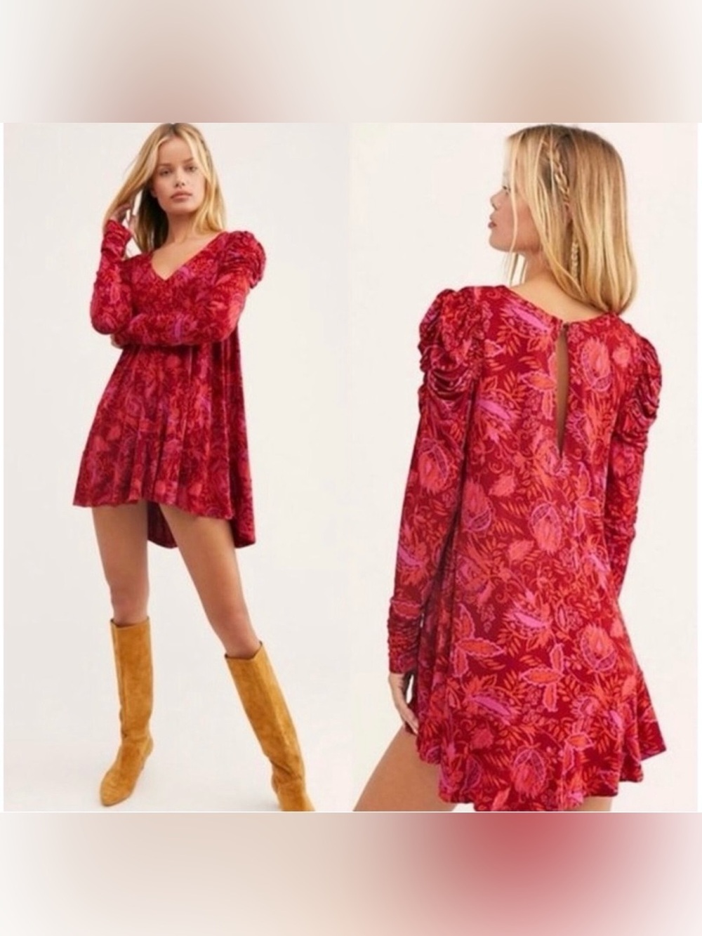 Free People Red Floral Velvet Mini Dress